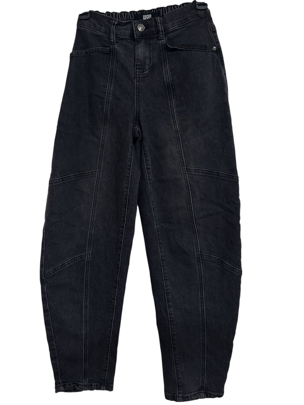 Madden NYC High Rise Barrel Paneled Jeans in Midnight Washed Black size XXS